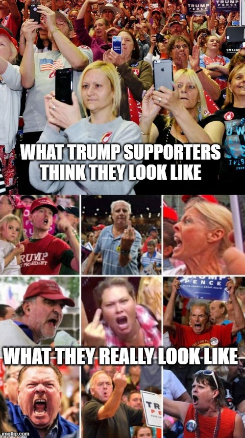 Trump supporters | WHAT TRUMP SUPPORTERS THINK THEY LOOK LIKE; WHAT THEY REALLY LOOK LIKE | image tagged in trump,lost election,loser,failed,tyrant | made w/ Imgflip meme maker