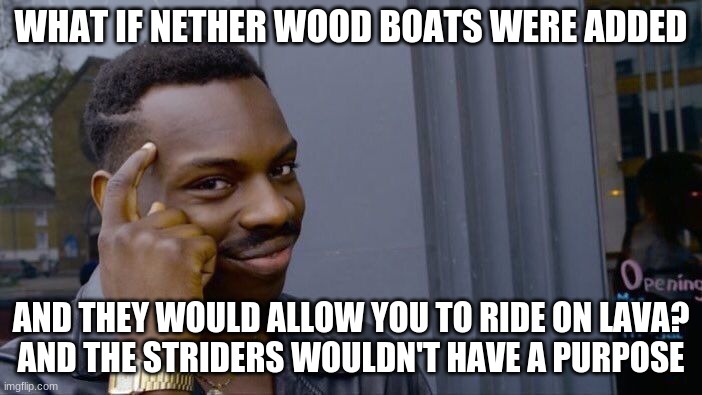 I just got this idea | WHAT IF NETHER WOOD BOATS WERE ADDED; AND THEY WOULD ALLOW YOU TO RIDE ON LAVA?
AND THE STRIDERS WOULDN'T HAVE A PURPOSE | image tagged in memes,roll safe think about it | made w/ Imgflip meme maker