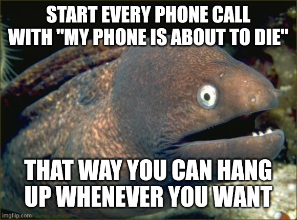 Bad Joke Eel Meme | START EVERY PHONE CALL WITH "MY PHONE IS ABOUT TO DIE"; THAT WAY YOU CAN HANG
 UP WHENEVER YOU WANT | image tagged in memes,bad joke eel | made w/ Imgflip meme maker