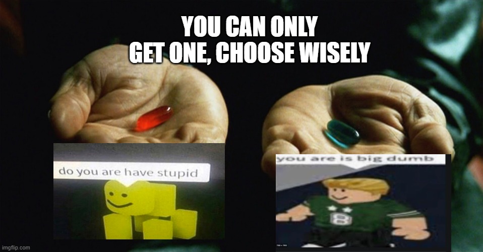 i was bored so i did this lol | YOU CAN ONLY GET ONE, CHOOSE WISELY | image tagged in red pill blue pill,roblox,do you are have stupid,you are is big dumb | made w/ Imgflip meme maker