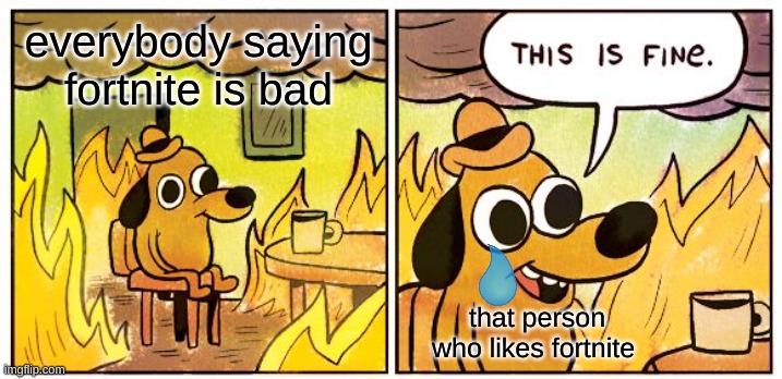 not me | everybody saying fortnite is bad; that person who likes fortnite | image tagged in memes,this is fine | made w/ Imgflip meme maker