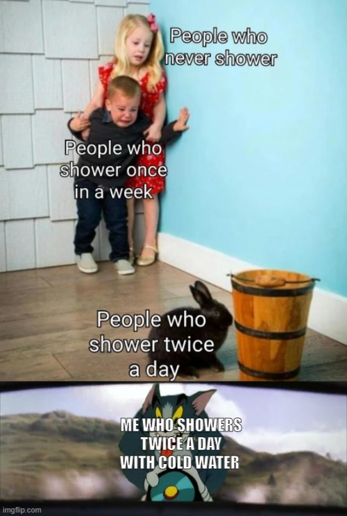 ME WHO SHOWERS TWICE A DAY WITH COLD WATER | image tagged in tom chasing harry and ron weasly | made w/ Imgflip meme maker