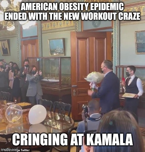 My abs hurt | AMERICAN OBESITY EPIDEMIC ENDED WITH THE NEW WORKOUT CRAZE; CRINGING AT KAMALA | image tagged in kamala harris | made w/ Imgflip meme maker