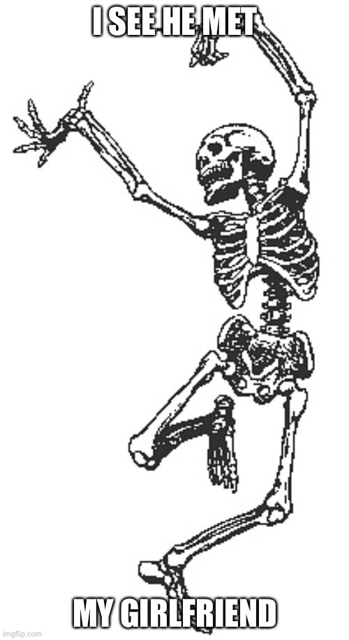 Happy skeleton | I SEE HE MET; MY GIRLFRIEND | image tagged in happy skeleton | made w/ Imgflip meme maker