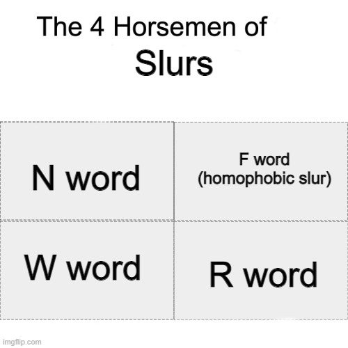 Four horsemen | Slurs; N word; F word (homophobic slur); W word; R word | image tagged in four horsemen | made w/ Imgflip meme maker