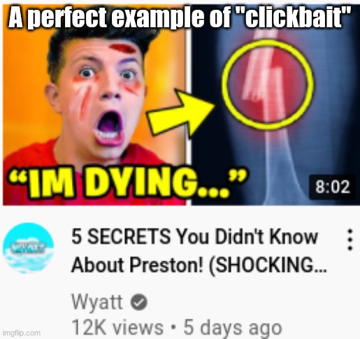 A perfect example of clickbait (do not fall for it plz) | A perfect example of "clickbait" | image tagged in clickbait,youtuber,prestonplays | made w/ Imgflip meme maker