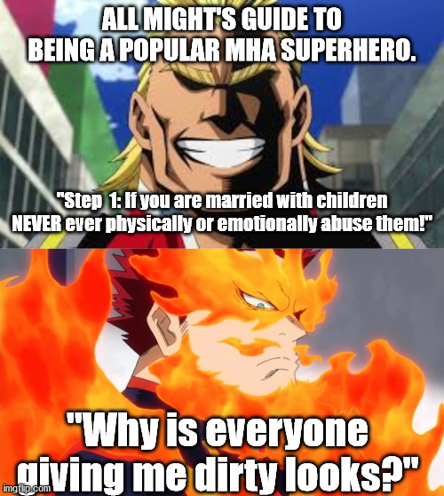All Might's Guide. | ALL MIGHT'S GUIDE TO BEING A POPULAR MHA SUPERHERO. "Step  1: If you are married with children NEVER ever physically or emotionally abuse them!"; "Why is everyone giving me dirty looks?" | image tagged in all might,endeavor,anime meme,mha | made w/ Imgflip meme maker