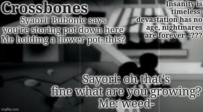 Crossbones horror temp | Syaori: Bubonic says you're storing pot down here
Me holding a flower pot: this? Sayori: oh that's fine what are you growing?
Me: weed- | image tagged in crossbones horror temp | made w/ Imgflip meme maker