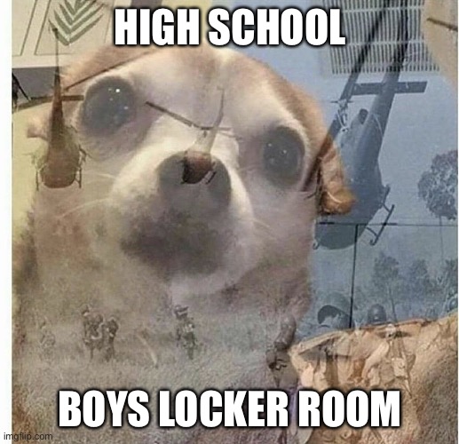 PTSD Chihuahua | HIGH SCHOOL BOYS LOCKER ROOM | image tagged in ptsd chihuahua | made w/ Imgflip meme maker