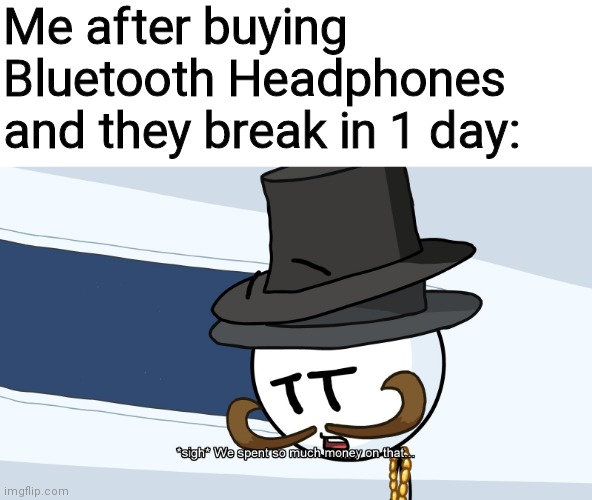 This actually happened to me | Me after buying Bluetooth Headphones and they break in 1 day: | image tagged in we spent much money on that,reginald copperbottom,henry stickmin,henry stickmin collection | made w/ Imgflip meme maker