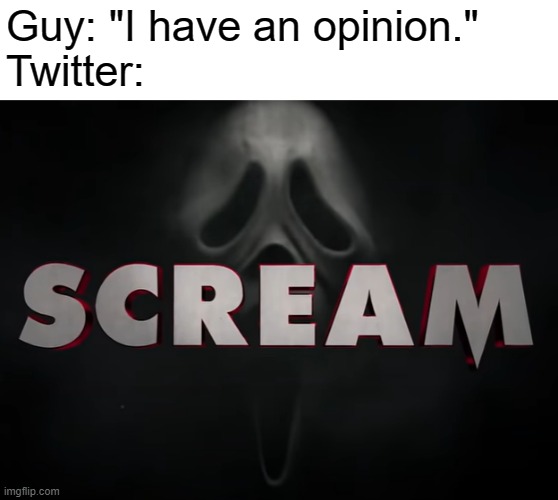 dang that Scream 5 trailer looking pretty good | Guy: "I have an opinion."
Twitter: | image tagged in funny,memes | made w/ Imgflip meme maker