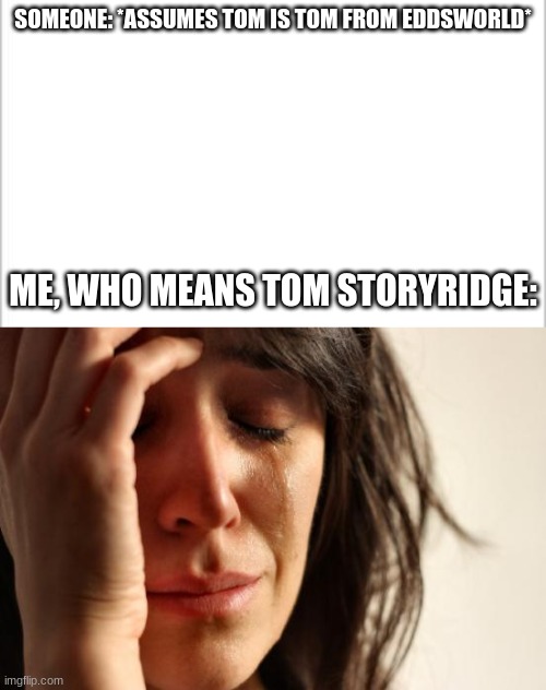 This has actually happened to me before T^T | SOMEONE: *ASSUMES TOM IS TOM FROM EDDSWORLD*; ME, WHO MEANS TOM STORYRIDGE: | image tagged in white background,memes,first world problems | made w/ Imgflip meme maker