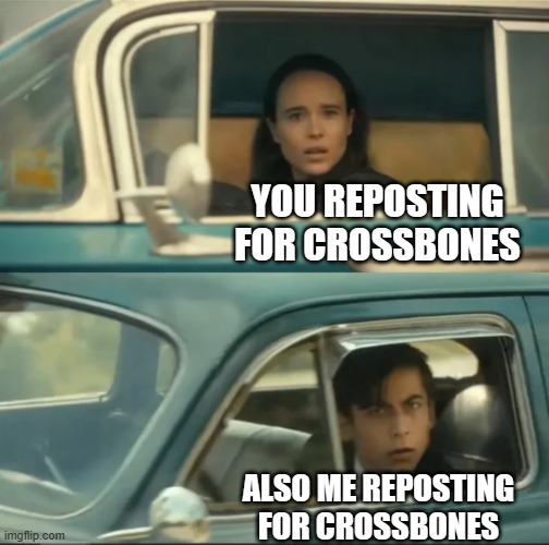 vanya and five car staredown | YOU REPOSTING FOR CROSSBONES ALSO ME REPOSTING FOR CROSSBONES | image tagged in vanya and five car staredown | made w/ Imgflip meme maker