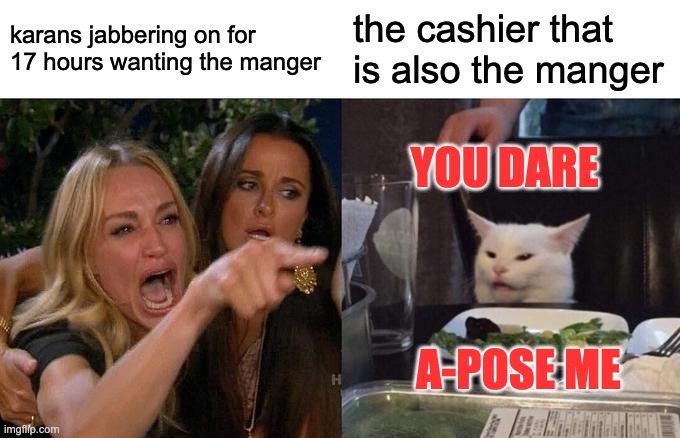 Woman Yelling At Cat Meme | karans jabbering on for 17 hours wanting the manger; the cashier that is also the manger; YOU DARE; A-POSE ME | image tagged in memes,woman yelling at cat | made w/ Imgflip meme maker