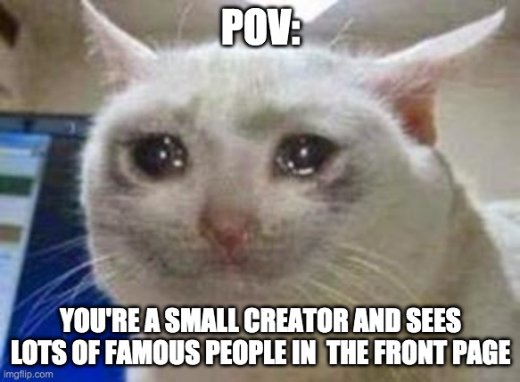 Sad cat | POV:; YOU'RE A SMALL CREATOR AND SEES LOTS OF FAMOUS PEOPLE IN  THE FRONT PAGE | image tagged in sad cat | made w/ Imgflip meme maker