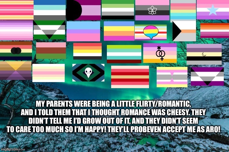 Northern Lights Announcement | MY PARENTS WERE BEING A LITTLE FLIRTY/ROMANTIC, AND I TOLD THEM THAT I THOUGHT ROMANCE WAS CHEESY. THEY DIDN’T TELL ME I’D GROW OUT OF IT, AND THEY DIDN’T SEEM TO CARE TOO MUCH SO I’M HAPPY! THEY’LL PROBABLY EVEN ACCEPT ME AS ARO! | image tagged in northern lights announcement | made w/ Imgflip meme maker