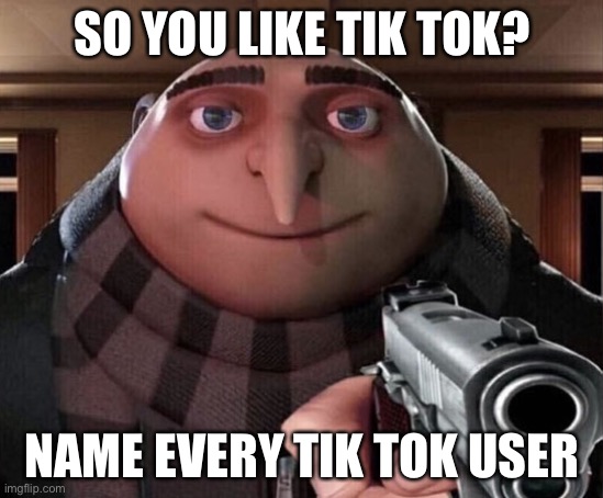 Gru Gun | SO YOU LIKE TIK TOK? NAME EVERY TIK TOK USER | image tagged in gru gun | made w/ Imgflip meme maker