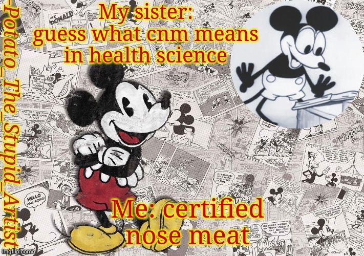 E | My sister: guess what cnm means in health science; Me: certified nose meat | image tagged in original mickey mouse template thanks -nezuko_official- | made w/ Imgflip meme maker