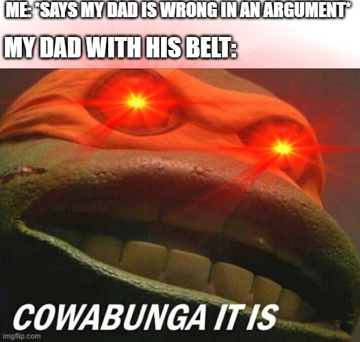 ME: *SAYS MY DAD IS WRONG IN AN ARGUMENT*; MY DAD WITH HIS BELT: | image tagged in cowabunga it is | made w/ Imgflip meme maker