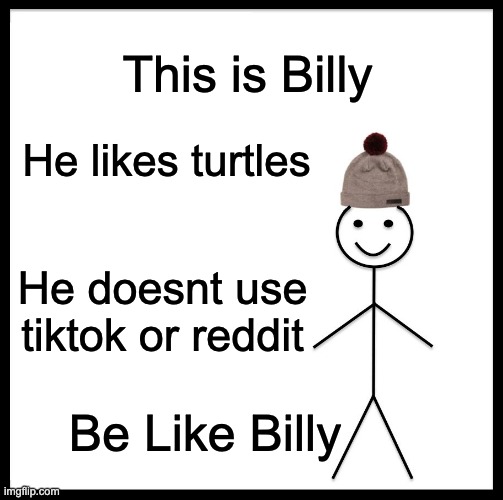 Be Like Bill | This is Billy; He likes turtles; He doesnt use tiktok or reddit; Be Like Billy | image tagged in memes,be like bill | made w/ Imgflip meme maker