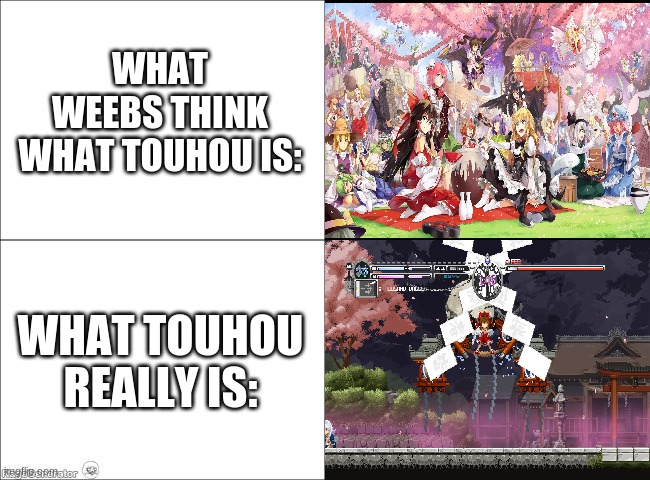 Telling weebs the truth about touhou | WHAT WEEBS THINK WHAT TOUHOU IS:; WHAT TOUHOU REALLY IS: | image tagged in 4 panel comic,touhou,touhou project,meme,memes | made w/ Imgflip meme maker