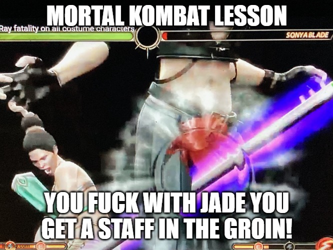 MK9 Jade X Ray Groin Life Lesson | MORTAL KOMBAT LESSON; YOU FUCK WITH JADE YOU GET A STAFF IN THE GROIN! | image tagged in mk9 jade x ray groin,memes,video games,mortal kombat,fighting,cat fight | made w/ Imgflip meme maker