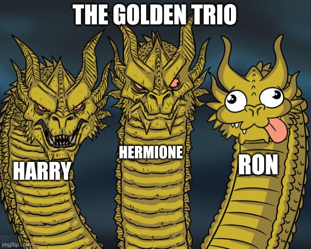 Three-headed Dragon | THE GOLDEN TRIO; HERMIONE; RON; HARRY | image tagged in three-headed dragon | made w/ Imgflip meme maker