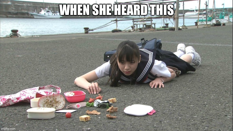 Schoolgirl Spilling Her Lunch | WHEN SHE HEARD THIS | image tagged in schoolgirl spilling her lunch | made w/ Imgflip meme maker