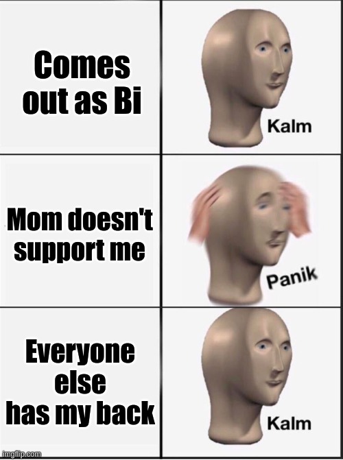 Things to make me smile | Comes out as Bi; Mom doesn't support me; Everyone else has my back | image tagged in reverse kalm panik | made w/ Imgflip meme maker