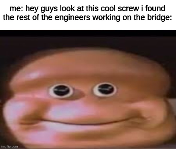 me: hey guys look at this cool screw i found
the rest of the engineers working on the bridge: | image tagged in memes,funny,funny memes,dark humor,imgflip,dank memes | made w/ Imgflip meme maker