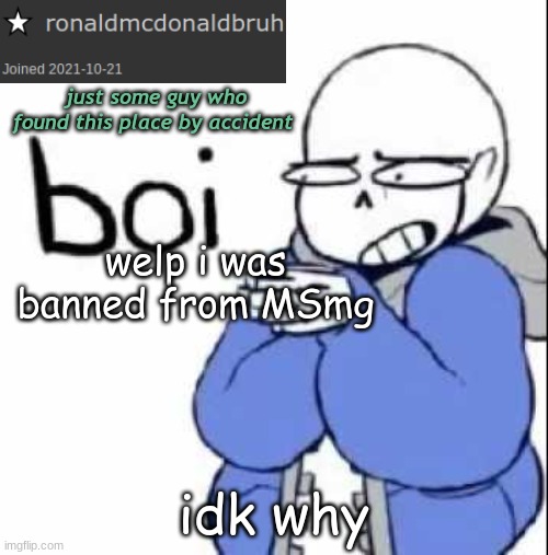 tbh i wanna leave :/ | welp i was banned from MSmg; idk why | image tagged in sands boi temp | made w/ Imgflip meme maker