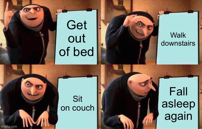 Gru's Plan | Get out of bed; Walk downstairs; Sit on couch; Fall asleep again | image tagged in memes,gru's plan | made w/ Imgflip meme maker