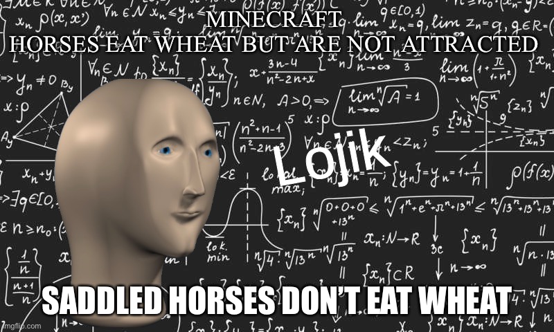 Logik | MINECRAFT 
HORSES EAT WHEAT BUT ARE NOT ATTRACTED; SADDLED HORSES DON’T EAT WHEAT | image tagged in lojik | made w/ Imgflip meme maker