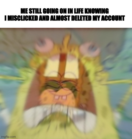 true story as of right now | ME STILL GOING ON IN LIFE KNOWING I MISCLICKED AND ALMOST DELETED MY ACCOUNT | image tagged in spongebob,memes,funny,funny memes,imgflip | made w/ Imgflip meme maker