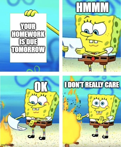 Spongebob Burning Paper | HMMM; YOUR HOMEWORK IS DUE TOMORROW; OK; I DON'T REALLY CARE | image tagged in spongebob burning paper | made w/ Imgflip meme maker