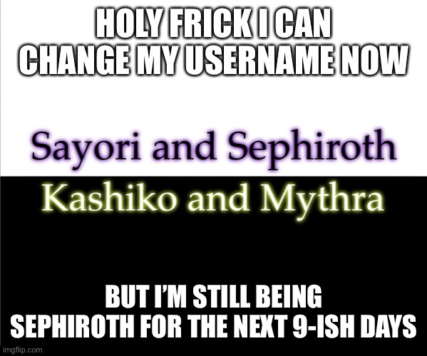 Two sides | HOLY FRICK I CAN CHANGE MY USERNAME NOW; BUT I’M STILL BEING SEPHIROTH FOR THE NEXT 9-ISH DAYS | image tagged in two sides,sayori and sephiroth,kashiko murasaki and mythra | made w/ Imgflip meme maker