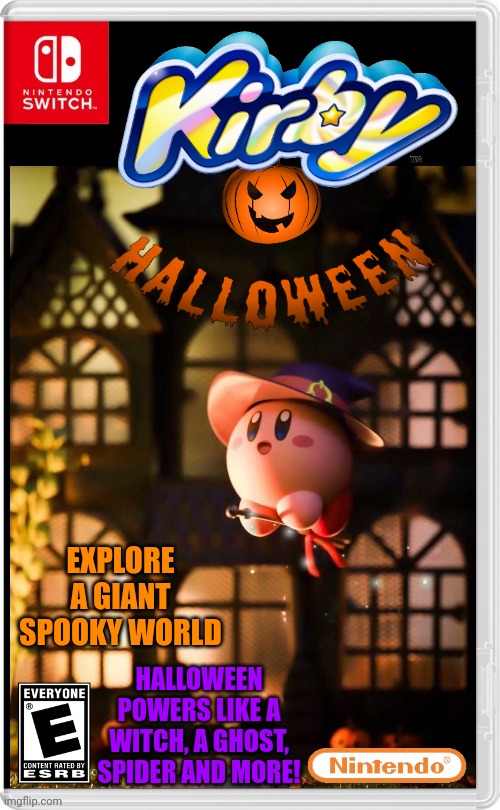 KIRBY HALLOWEEN WORLD | EXPLORE A GIANT SPOOKY WORLD; HALLOWEEN POWERS LIKE A WITCH, A GHOST, SPIDER AND MORE! | image tagged in nintendo switch,kirby,halloween,spooktober,witch,fake switch games | made w/ Imgflip meme maker
