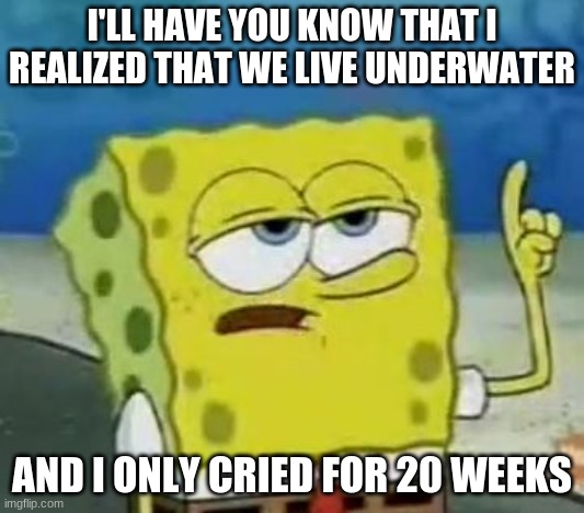 I'll Have You Know Spongebob Meme | I'LL HAVE YOU KNOW THAT I REALIZED THAT WE LIVE UNDERWATER; AND I ONLY CRIED FOR 20 WEEKS | image tagged in memes,i'll have you know spongebob | made w/ Imgflip meme maker
