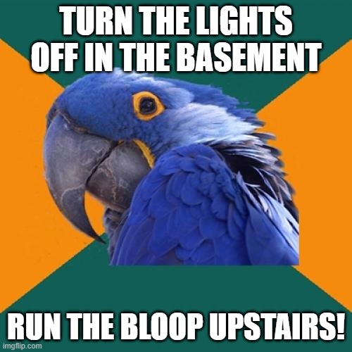 Paranoid Parrot | TURN THE LIGHTS OFF IN THE BASEMENT; RUN THE BLOOP UPSTAIRS! | image tagged in memes,paranoid parrot | made w/ Imgflip meme maker