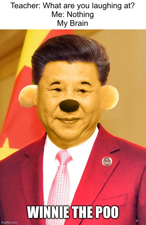 Hmm |  Teacher: What are you laughing at?
Me: Nothing
My Brain; WINNIE THE POO | image tagged in xi jinping winnie the poo,laugh,in,amogus | made w/ Imgflip meme maker
