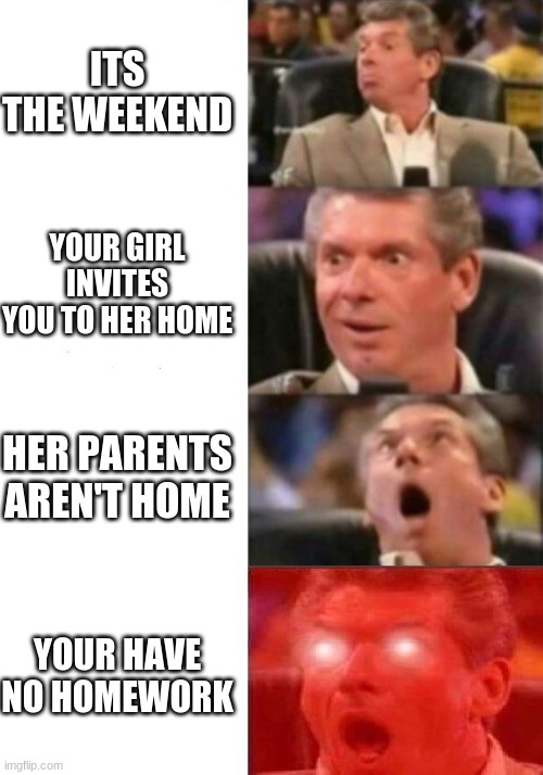 Mr. McMahon reaction | ITS THE WEEKEND; YOUR GIRL INVITES YOU TO HER HOME; HER PARENTS AREN'T HOME; YOUR HAVE NO HOMEWORK | image tagged in mr mcmahon reaction | made w/ Imgflip meme maker
