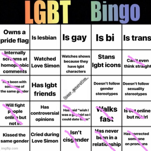 yes, someone thought i was a boy once in school | image tagged in lgbtq bingo | made w/ Imgflip meme maker