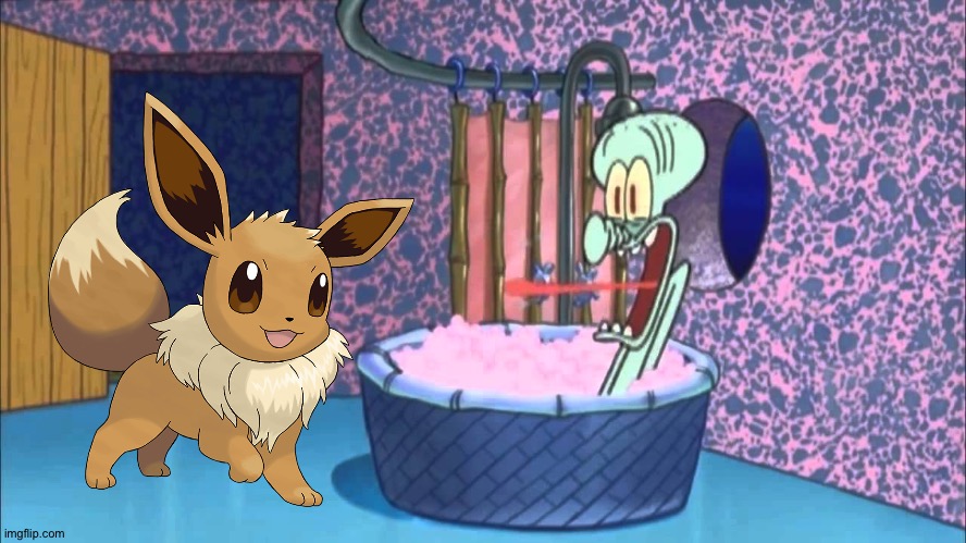 Eevee goes to Squidward's house | image tagged in who dropped by squidward's house | made w/ Imgflip meme maker