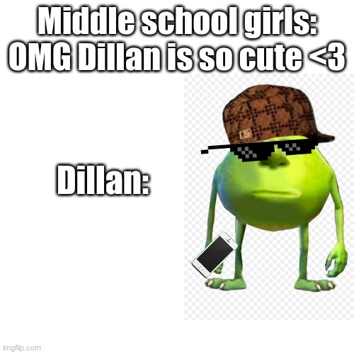 Well, some of the girls are lesbian so not all middle school girls =] | Middle school girls: OMG Dillan is so cute <3; Dillan: | image tagged in memes,blank transparent square | made w/ Imgflip meme maker