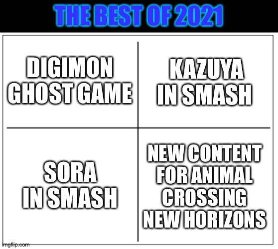4 Square Grid | THE BEST OF 2021; DIGIMON GHOST GAME; KAZUYA IN SMASH; SORA IN SMASH; NEW CONTENT FOR ANIMAL CROSSING NEW HORIZONS | image tagged in 4 square grid | made w/ Imgflip meme maker