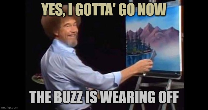 BOB ROSS | YES, I GOTTA' GO NOW THE BUZZ IS WEARING OFF | image tagged in bob ross | made w/ Imgflip meme maker