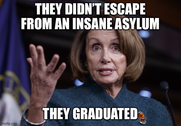 Good old Nancy Pelosi | THEY DIDN’T ESCAPE FROM AN INSANE ASYLUM THEY GRADUATED | image tagged in good old nancy pelosi | made w/ Imgflip meme maker