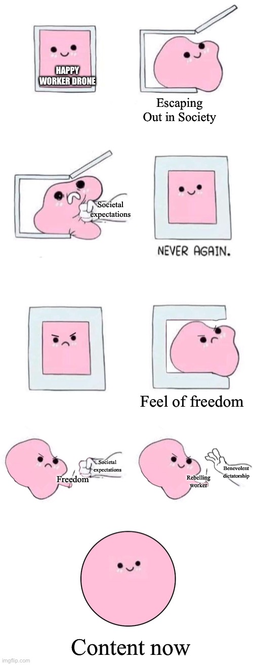 A new template I tried out | HAPPY WORKER DRONE; Escaping Out in Society; Societal expectations; Feel of freedom; Societal expectations; Benevolent dictatorship; Freedom; Rebelling worker; Content now | image tagged in pink blob in a box with more panels,worker droud,content,society,prisoner | made w/ Imgflip meme maker