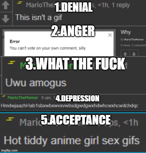 5 stages of grief portrayed by MarioTheMemer | 1.DENIAL; 2.ANGER; 3.WHAT THE FUCK; 4.DEPRESSION; 5.ACCEPTANCE | made w/ Imgflip meme maker