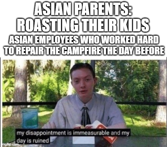 Don't roast your kids, parents | ASIAN PARENTS: ROASTING THEIR KIDS; ASIAN EMPLOYEES WHO WORKED HARD TO REPAIR THE CAMPFIRE THE DAY BEFORE | image tagged in my dissapointment is immeasurable and my day is ruined | made w/ Imgflip meme maker